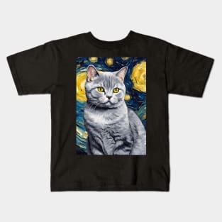 Cute British Shorthair Cat Breed Painting in a Van Gogh Starry Night Art Style Kids T-Shirt